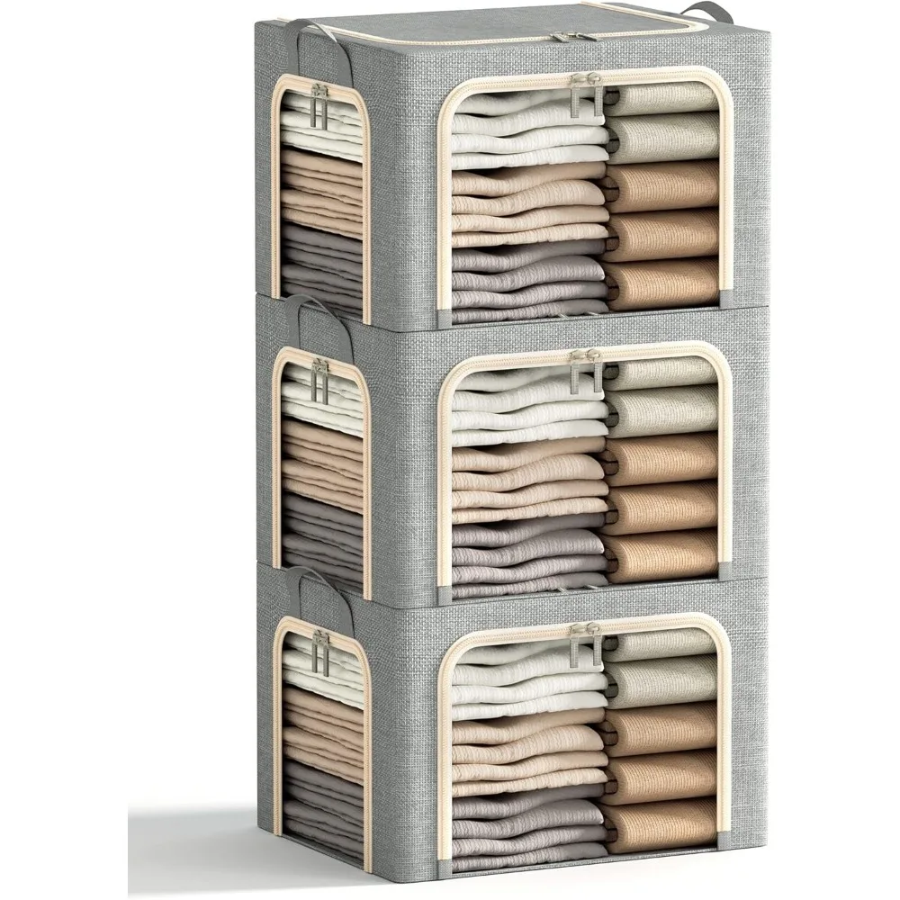 

3 Openings Clothes Storage Bins with Metal Frame, Foldable Storage Bin for Clothes, Clothing Storage Bins with Lid, Linen Storag