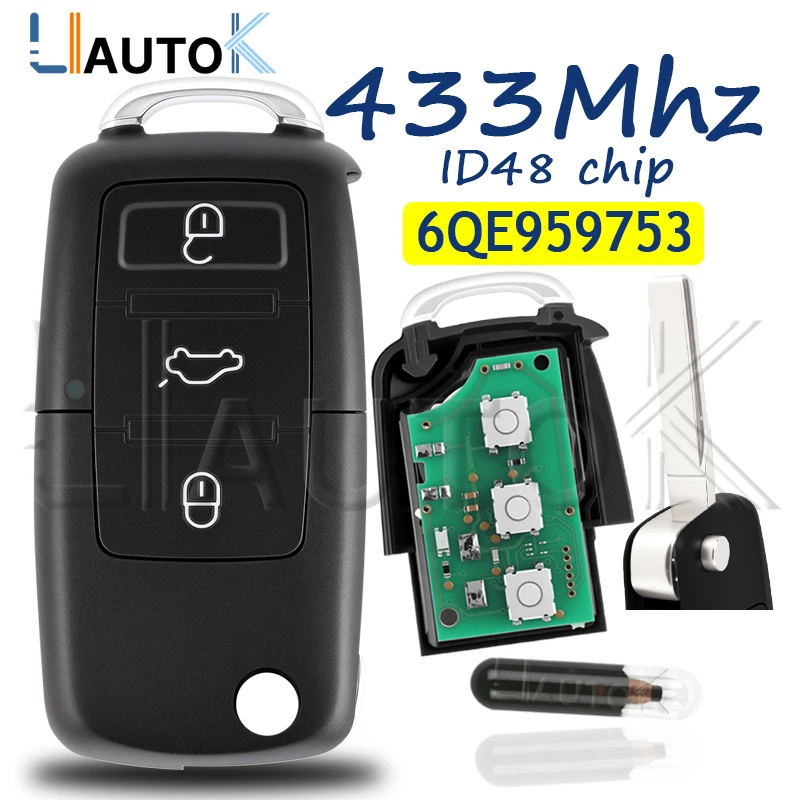 

6QE959753 Чип ID48 434 МГц для VW Volkswagen Saveiro 2009-2012 Sharan Fox Gol 2010+ Флип-ключ дистанционного управления 6QE 959 753 3 кнопки без логотипа