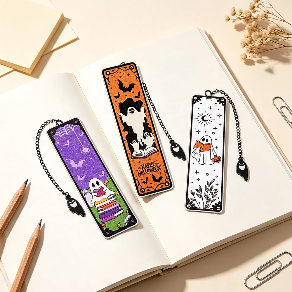 Halloween Stainless Steel Bookmark, Ghost Bat Pumpkin Book Mark with Chain, Cute Gothic Page Marker, Reading Accessory Gift