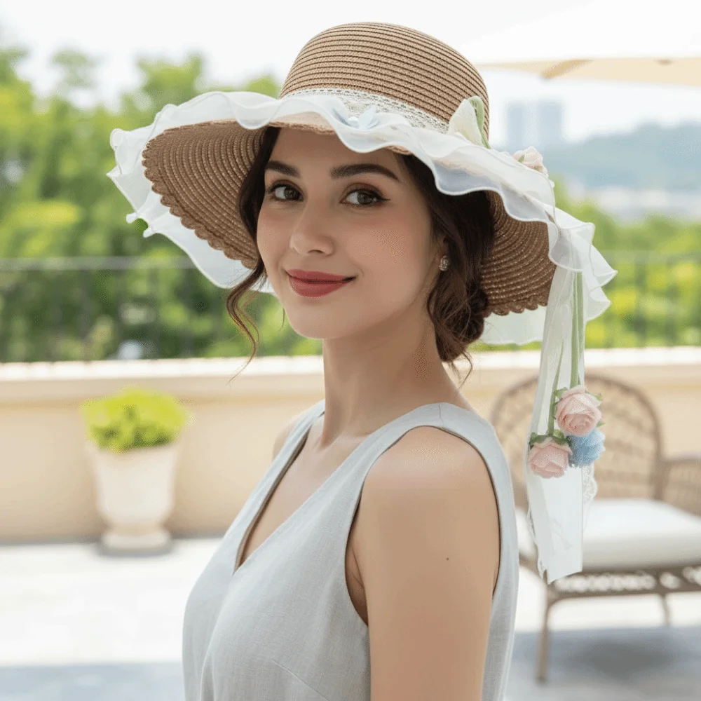 

Elegant Rose Ruffle Edge Straw Hat Breathable Mesh UV Protection Wide Brim Bucket Hat Lace Ribbon Lightweight Design Beach Visor
