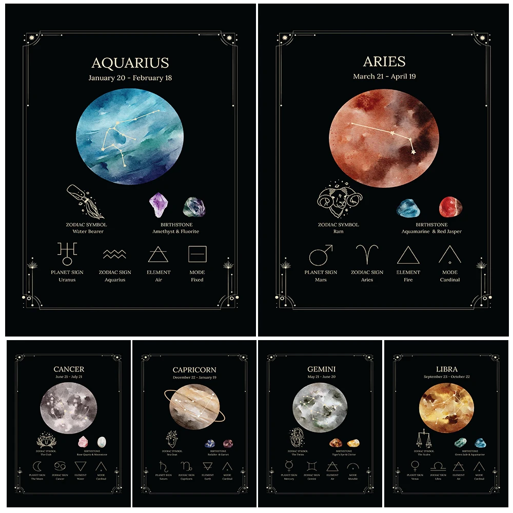 

Aquarius,Capricorn,Pisces,Gemini,Zodiac Art Poster Print Witchcraft Astrology Horoscope Abstract Wall Art Canvas Painting Decor