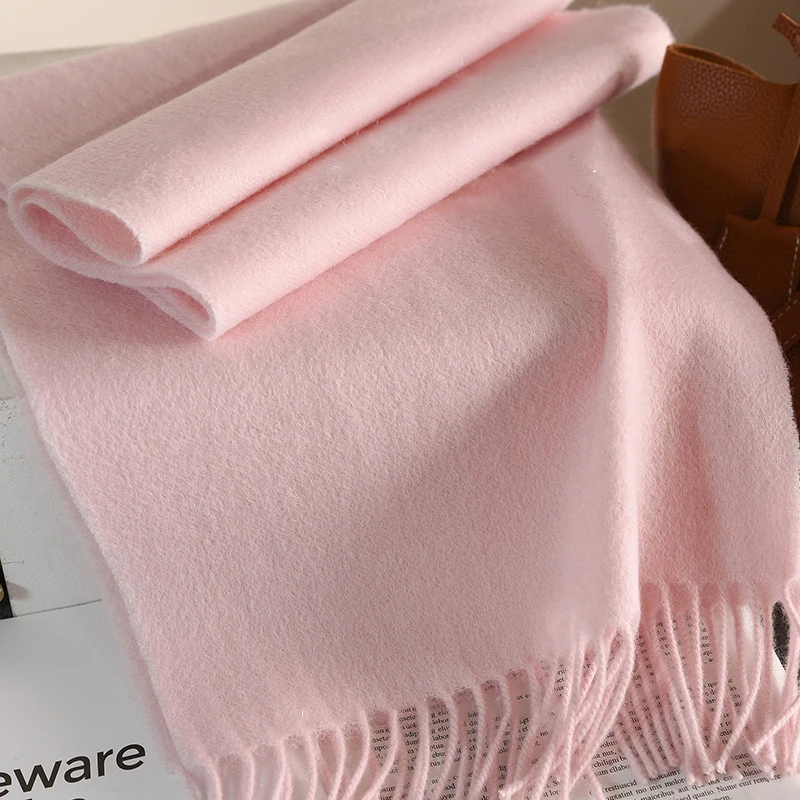 Bufanda de punto para mujer, 100% de lana, bufandas cálidas para invierno, diseño de Color sólido brillante, chal grueso, cuello de Pashmina triangular suave, novedad de 2025