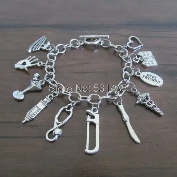 

12pcs Grey's Anatomy Inspired Charm Bracelet Silver Tone