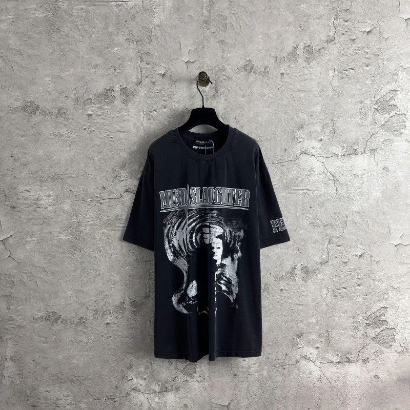 GRAILZ Vintage Washed Letter Character Soul Portrait High-Street American-Style Versatile Hip-Hop Short-Sleeve T-Shirt