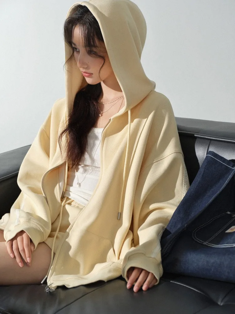 Lässige, lockere, stilvolle Kapuzenjacke mit Reißverschluss, Damen-Sweatshirt, Strickjacke, Kapuze, Herbst, faule Streetwear, Oberbekleidung, trendig, gemütlich, vielseitig