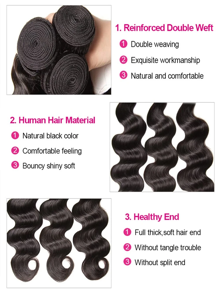 Pacotes brasileiros da onda do corpo para mulheres, extensões do cabelo humano do weave, cabelo do Virgin, 30 dentro, cabelo cru, preto natural, 3 pacotes negócio