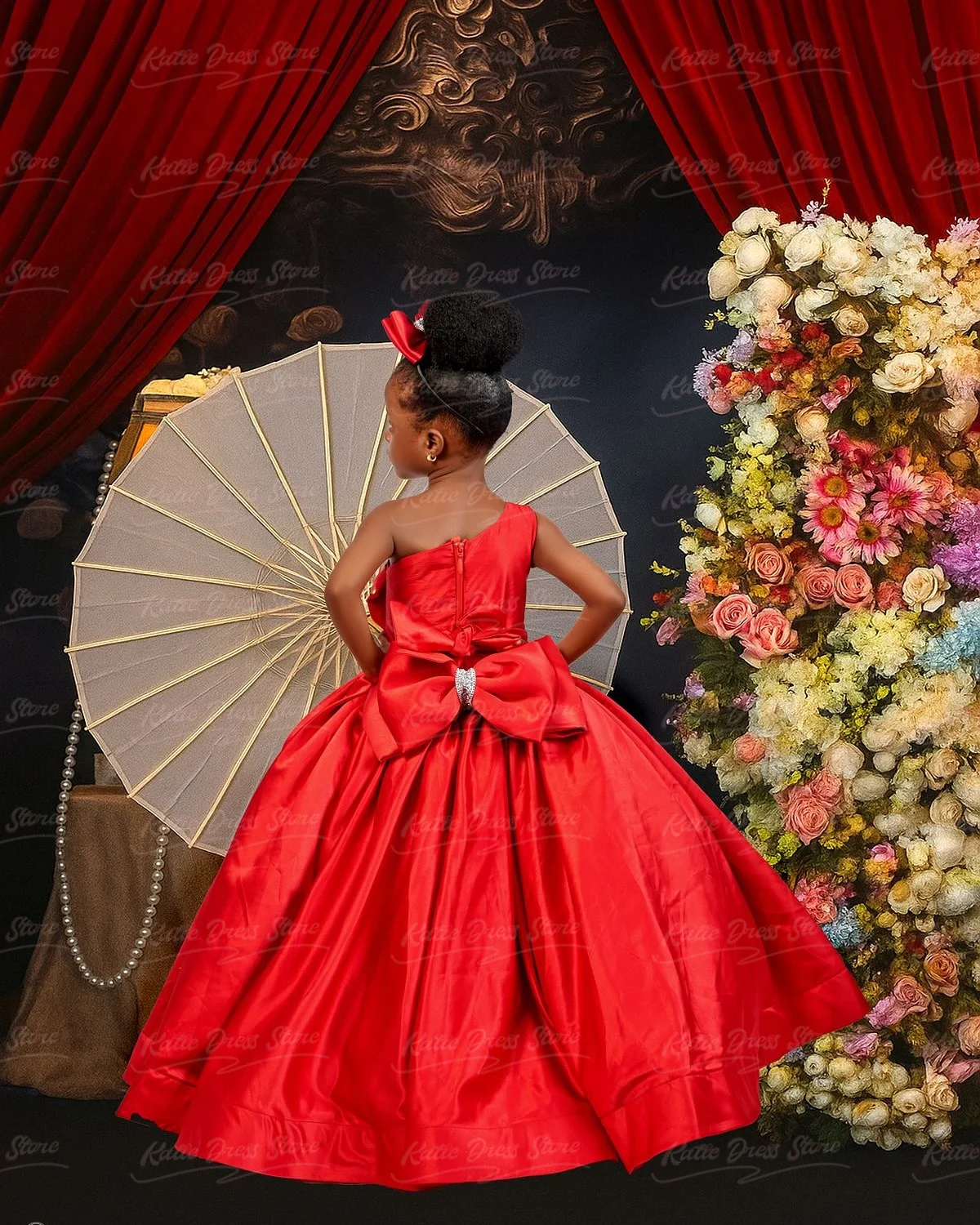 Customized Red Satin Flower Girl Dress Puffy One Shoulder With Big Bow Elegant Kids Birthday Party First Communion Ball Gowns ﻿