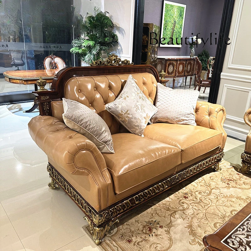 Villa living room leather art sofa European classical mansion English peach blossom core solid wood four-person sofa