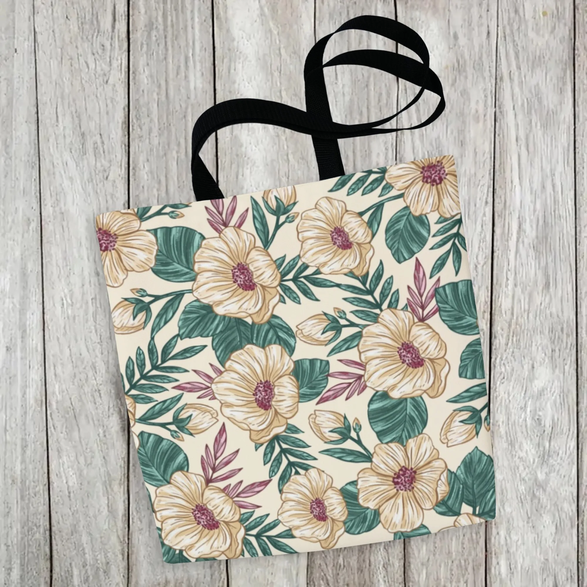 حقيبة كتف كاجوال كلاسيكية من القماش بنقشة الزهور باللون البيج النباتي حقيبة كتف للنساء حقيبة تسوق حقيبة يد متينة للعمل اليومي