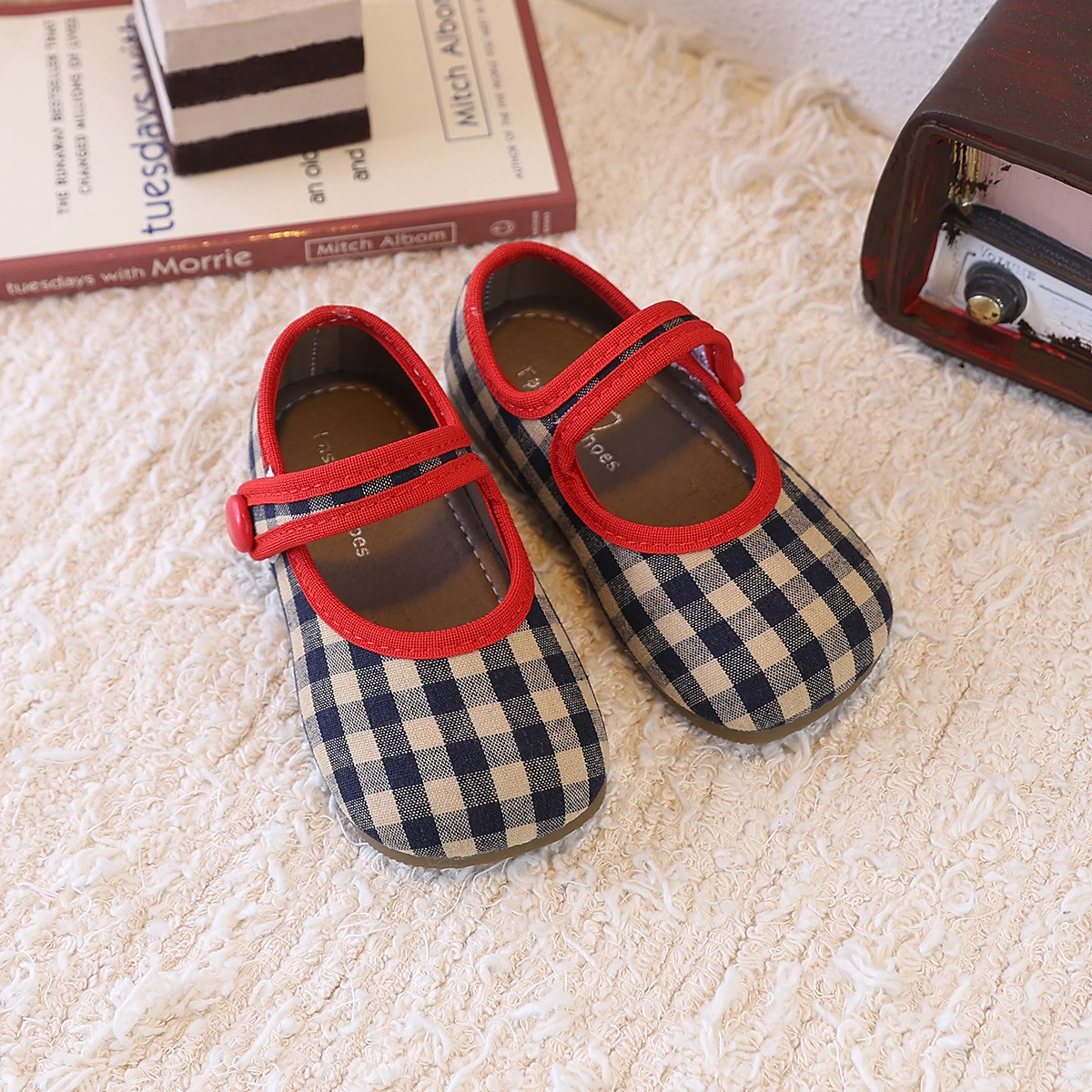 Autumn Girl's Mary Janes Plaid Hook-loop Fashion Kid's Flat Shoe Solid Colors Anti-slip All-match Daily Children Shoe 21-30