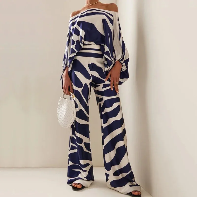 

Sexy One Shoulder Two Piece Sets Fashion Print Blouse Lantern Long Sleeve Shirt Top & Elastic Higt Waist Wide Leg Pants Suit