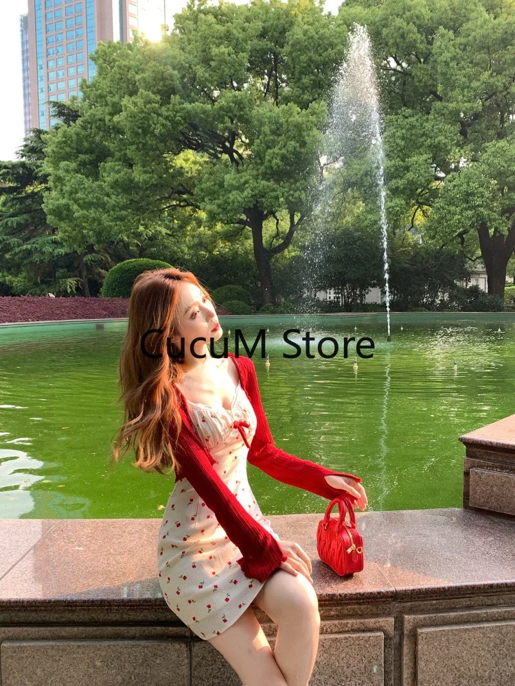 2023 Autumn New Sweet 2 Piece Dress Set Woman Red Short Cardigan Tops + Strap Floral Y2k Mini Dress Party Korean Fashion Suit