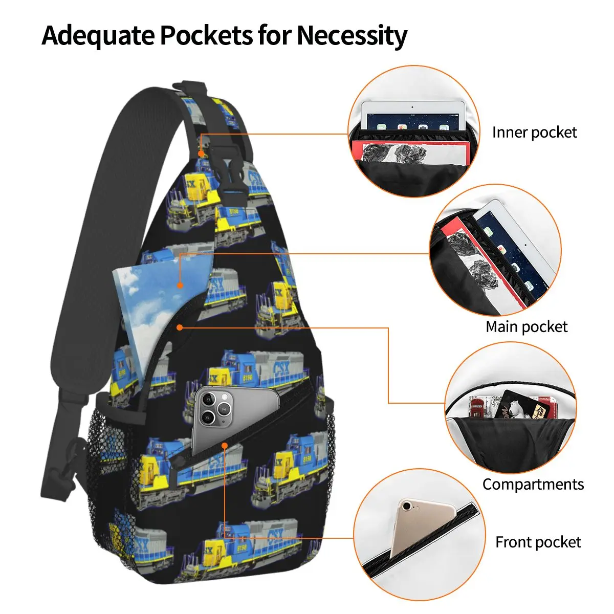 Freight Train CSX Engine Chest Bag Men Sling Crossbody Backpack Chest Bag Traveling Hiking Daypack Shoulder Bag
