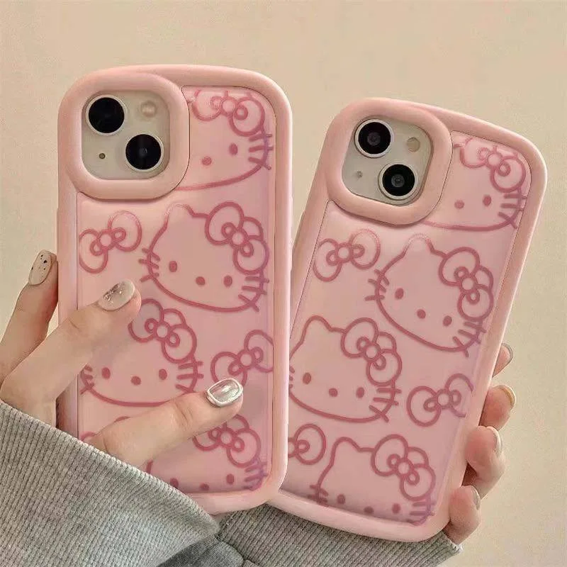 Sanrio Hello Kitty Ins Pink Girl Line KT Phone Case For iPhone 15 14 13 12 11 Pro Max XR XS MAX 7 8 PLUS Cute Kawaii Y2K Cover