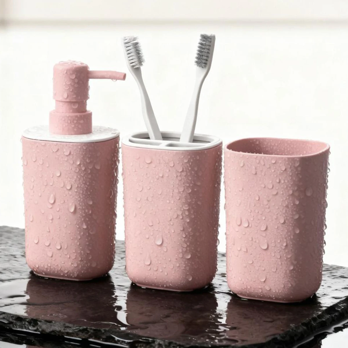 Creative Pink Bathroom Accessory Sets Toiletries Soap Dispenser, Toothbrush Holder, Wash Cup and Tray, for Functional Bath Decor