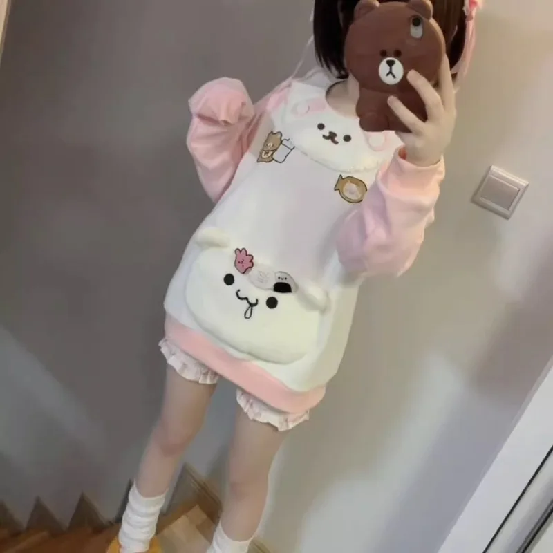 Japanese Cute Y2k Bear Print Yabi Culture Autumn and Winter Two-dimensional Embroidery Loose Long-sleeved Sweater Top For Women