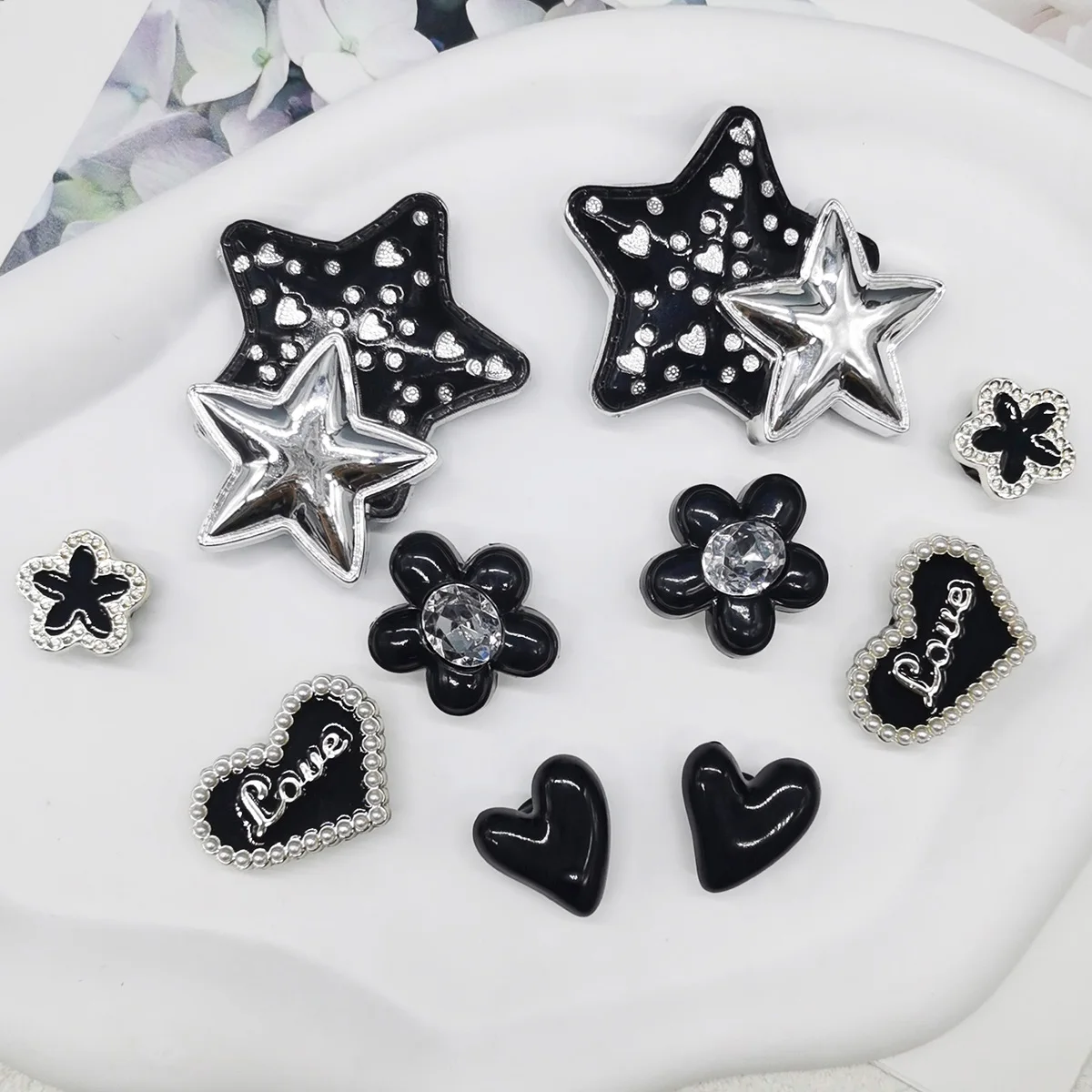 10PCS Black Double Star Shoe Charms DIY Accessories Mutlifunctional Flower Clogs Shoes Buckle Decorations Heart Shoe Clips Decor