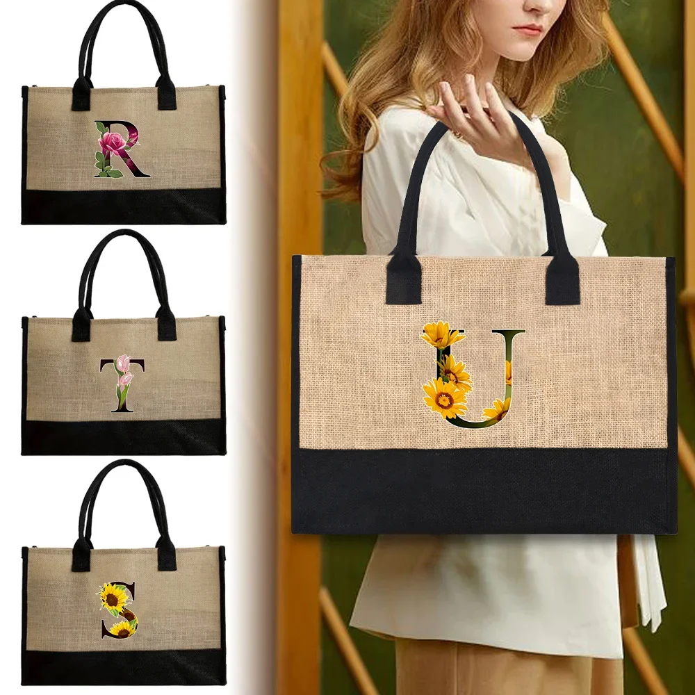 

2026 Jute Bags Reusable and Waterproof Shopping Bag Convenient Large-capacity Travel Grocery Bag Printing Flower Color Series