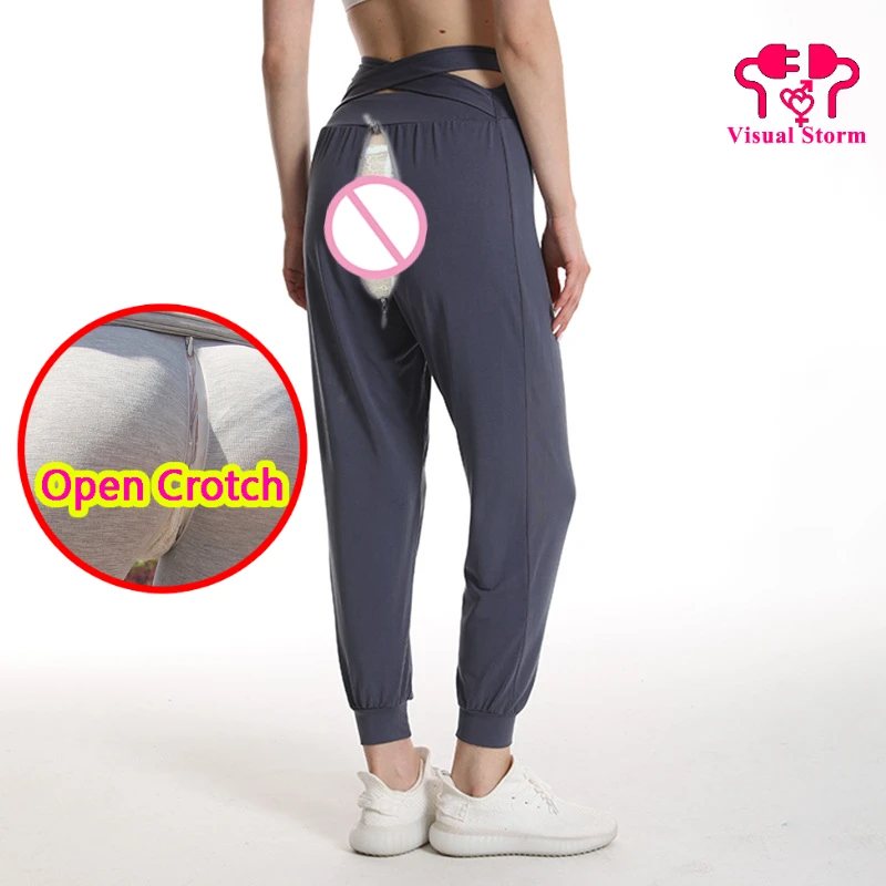 3XL Open Crotch Woman Sexy Sporty Leggings Casual Push Up Bodyshapping Lace Up Pants Breathable Fitness Crotchless Clubwear