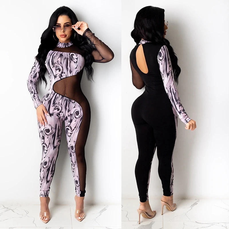 Party Club Rompers Womens Jumpsuit Elegant Print Sheer Mesh Black Sexy Jumpsuit Long Sleeve Overalls One Piece Bodycon Romper