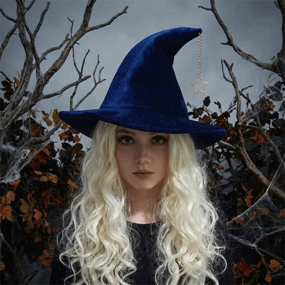 Portable Solid Color Witch Hat Star Pendant Korean Style Wool Bucket Hat Foldable Wizard Cap Halloween Hat Women