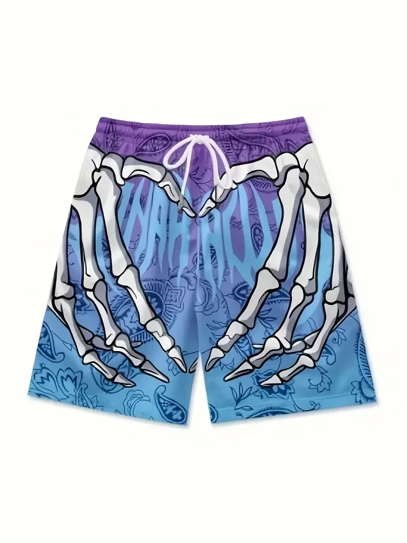 Men's Summer Rose and Skeleton Hand Element Printed Shorts Men Fashion Trend Breathable Quick Drying Shorts Men's Casual Shorts