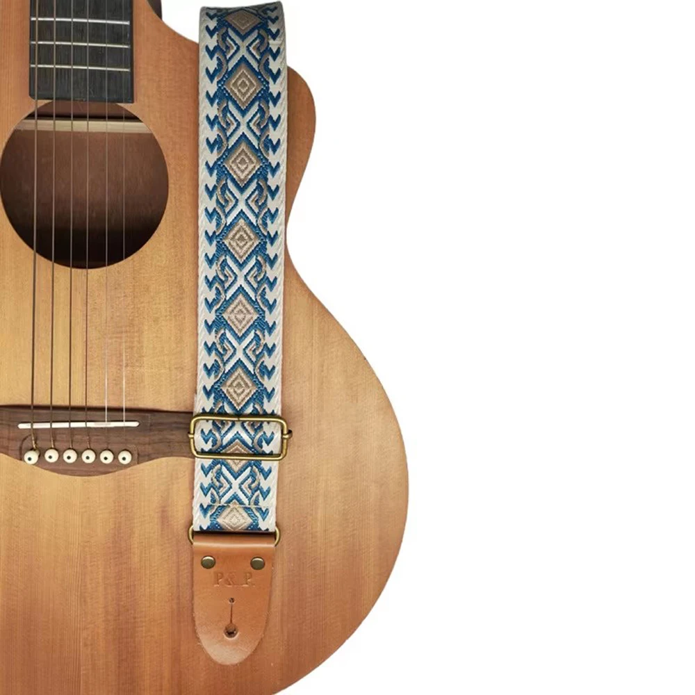 Embroidered Guitar Strap Genuine Leather Head Jacquard Weave Wooden Electric Guitar Bass Strap Accessories
