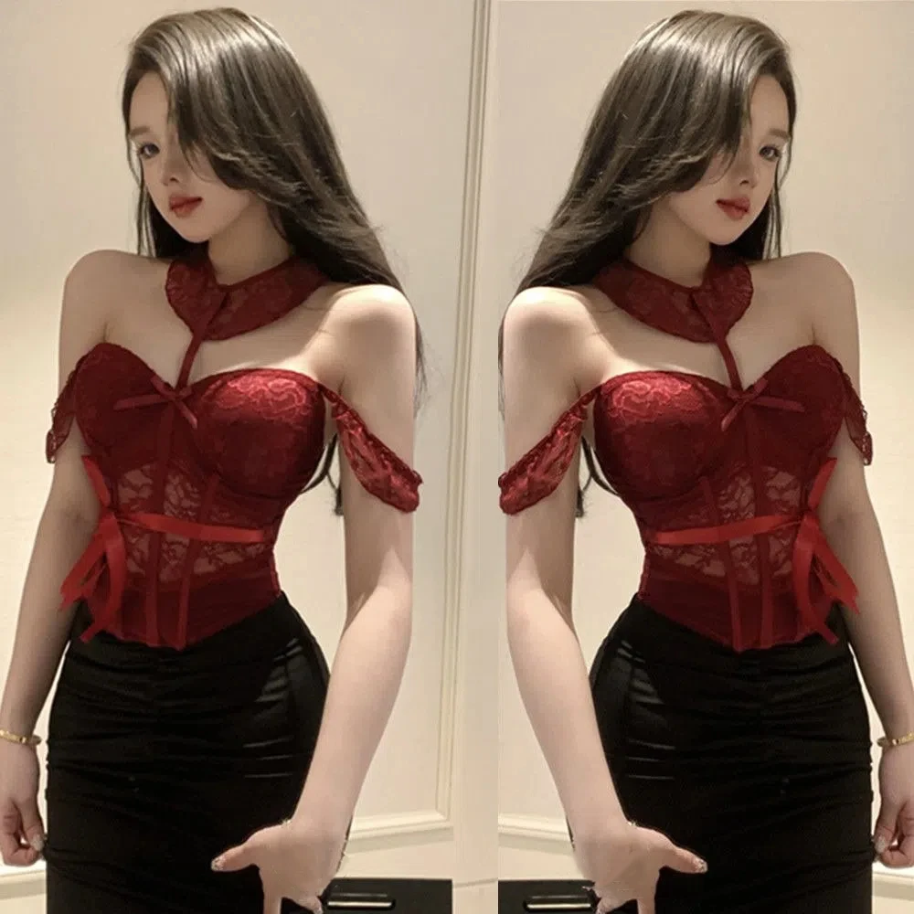 

Elegant Passionate Set Lace Camisole Briefs Set Slim Fit Sleeveless Bow Lace Corset Nightgown Hollow Mesh Women Lingerie Gift