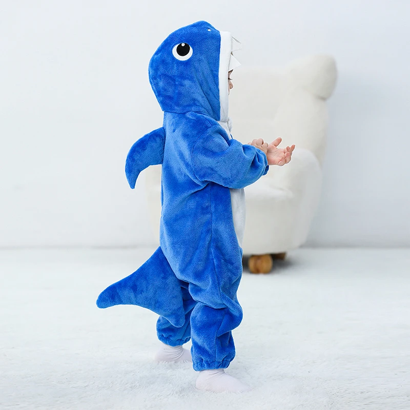 Toddler Shark Costume Winter Warm Long Sleeve Hooded Romper Cute Halloween Plush Jumpsuit