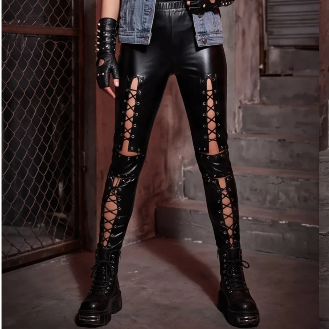 Women's Lace Up Faux Leather Leggings Gothic Bandage Skinny Leggings Hollow Out Tight Pants