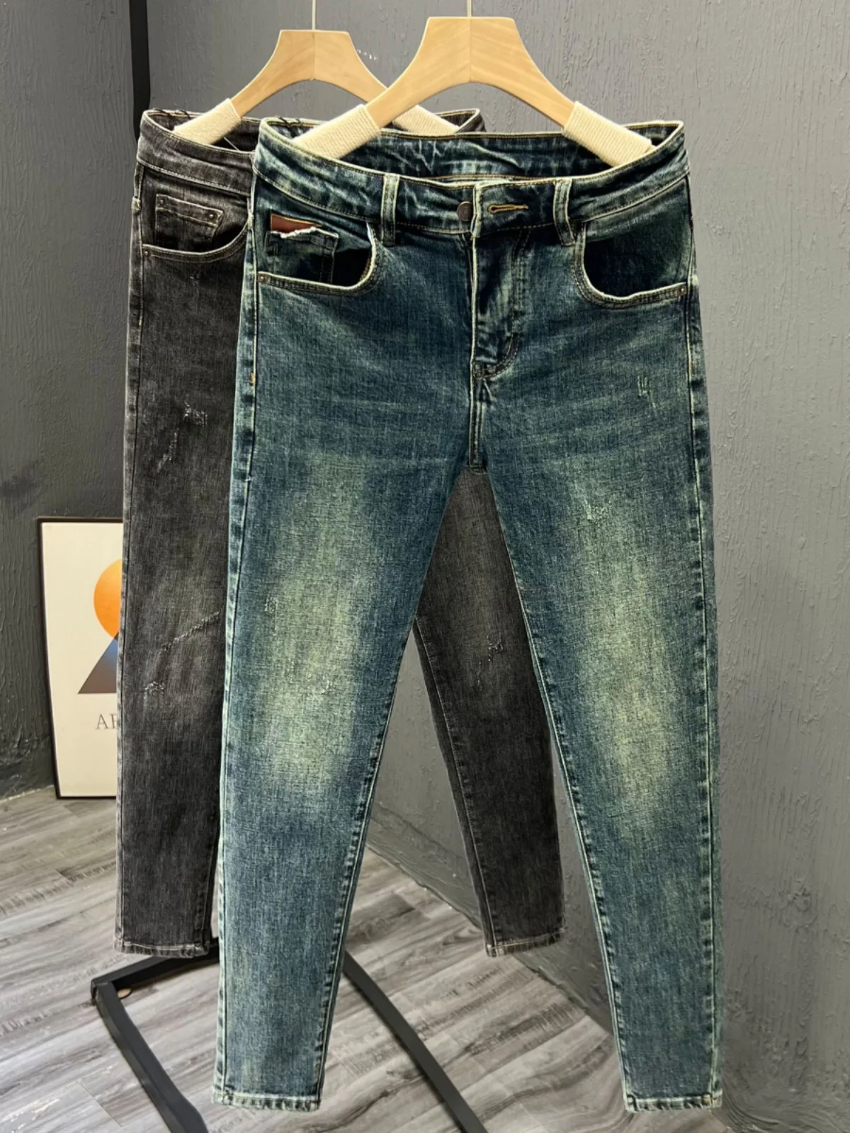 

Мужские эластичные джинсы слим-фит в корейском стиле, универсальные повседневные брюки, осенние модные укороченные брюки-карго