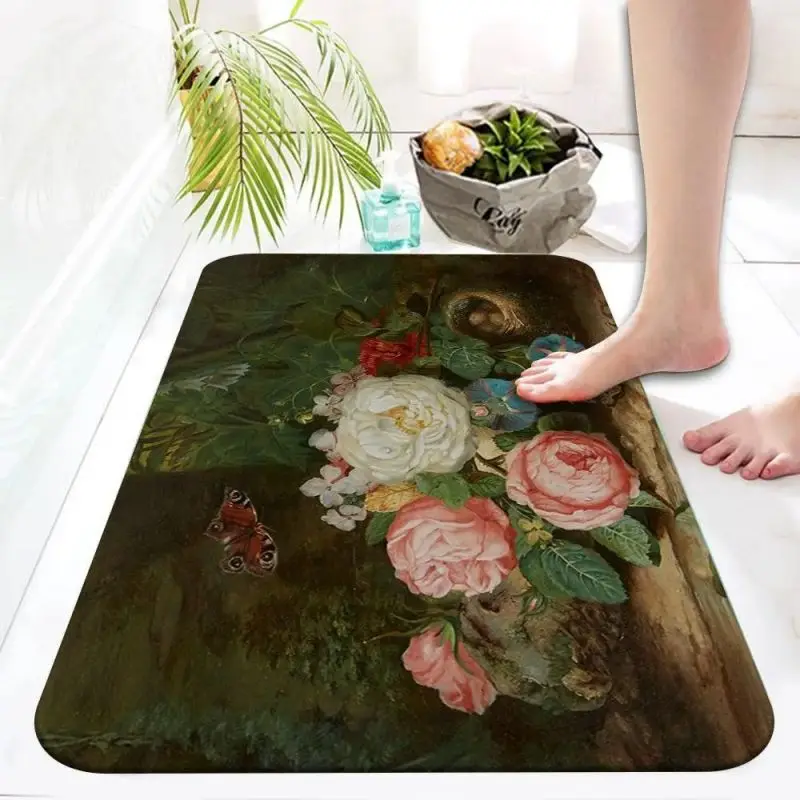 Vintage Flower Oil Painting Bathroom Door Mat for Home Toilet Decor Non-Slip Waterproof Carpet Kitchen Entrance Diatom Mud Rug