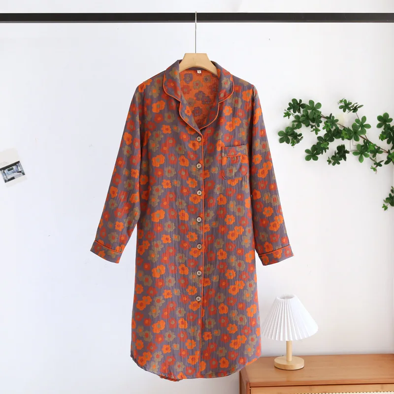 Retro Color Style 100% Cotton Skirt Cardigan Nightdress Ladies Spring Long-sleeved Loose Mid-length Nightdress Plus Size