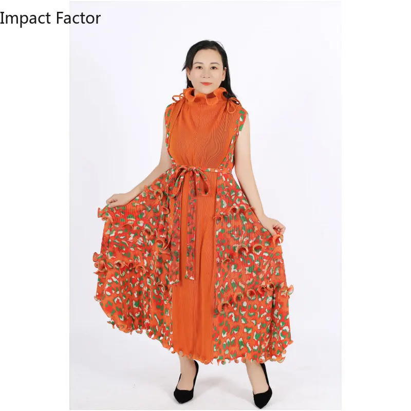 Pleated Woman Dress Ruffled Hem Solid Elegant Short Sleeve With Sashes Long Length Vintage 2024 New Spring Fashion