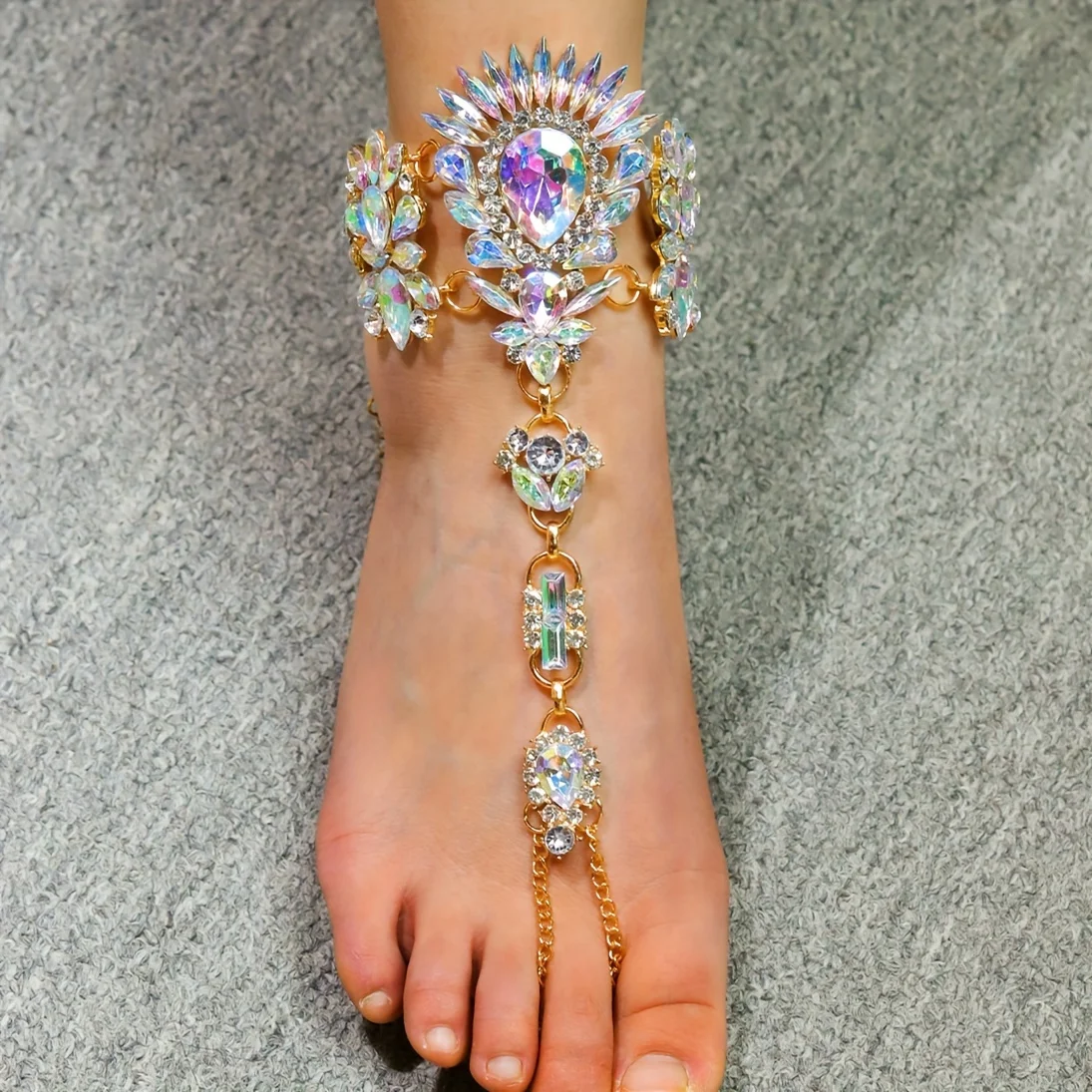 Exaggerated Boho Style Personality Toe Ring Anklet With Colorful Faux Crystal Seaside Beach Accessories