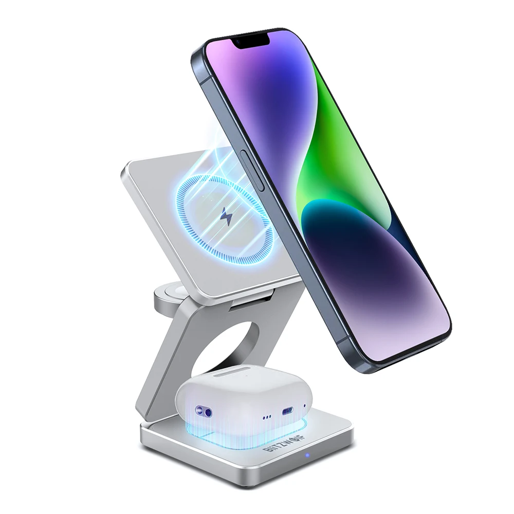BlitzWolf BW-iw30 3-in-1 Foldable Magnetic 15W Wireless Charger Fast Charging Sation for 15 14 13 12 Pro Max for Smart Phone