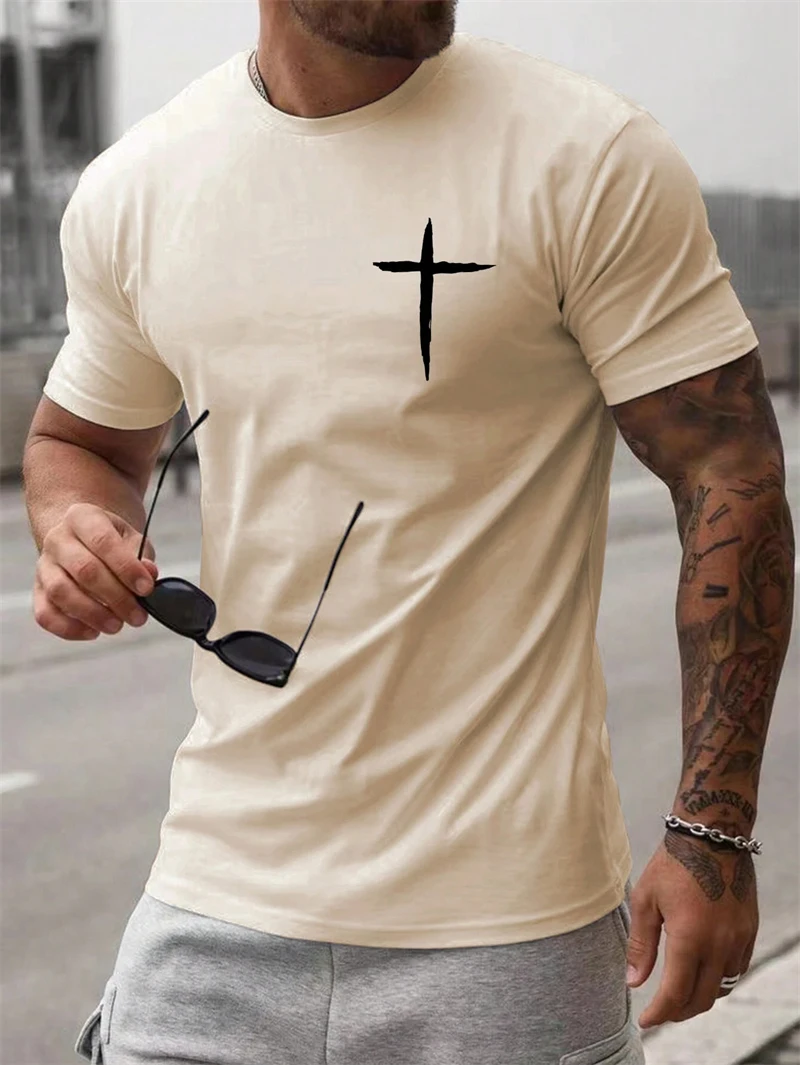 Simple Fashion Cross Pattern T Shirts For Men Summer Trend Crew Neck 3D Printed Short Sleeve T-shirts Loose Streetwear Tees Tops