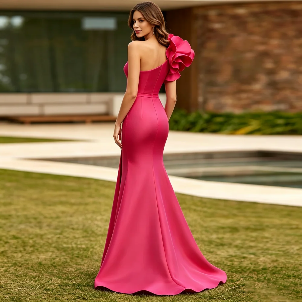 Customized Fuchsia One Shoulder Mother Of Bride Dresses Big Ruffle Flower High Slit Side Split Train Mermaid Satin Evening Gown