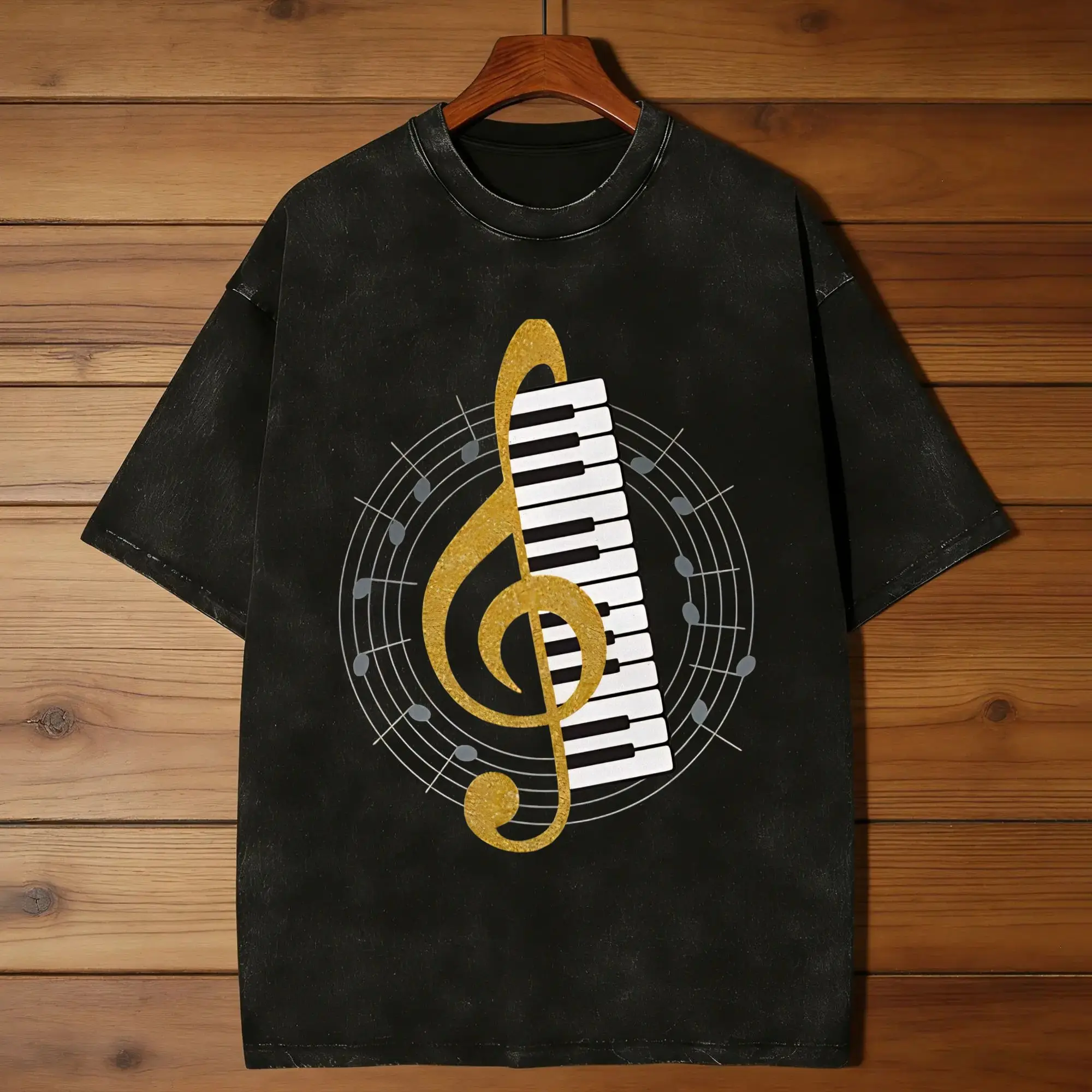 Vintage Washed T-Shirt Piano Key Treble Clef  Cotton T-Shirts  Trending Tshirt for Male Summer Y2K Funny Custom DIY Top Tees
