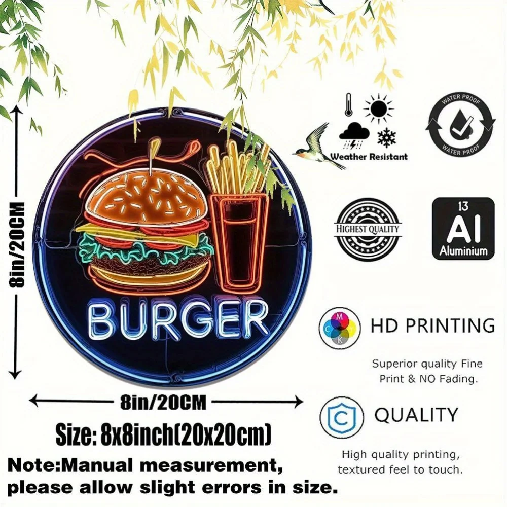2D Metal Sign Retro Hamburger Neon Wall Art 20x20cm Aluminum HD Print Pre-drilled Easy Install Kitchen Cafe Home Office Decor Gi
