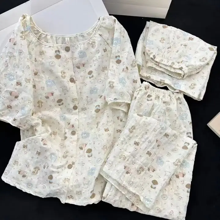 Sweet Cute Cloud Cotton Three-Piece Set Women's Summer Loose plus Size Sleepwear with Chest Pad Casual Style Home Clothes