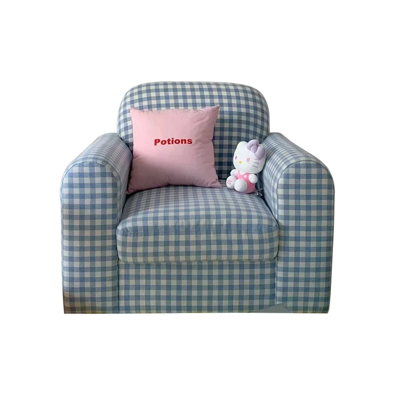

Take a photo of the blue and white grid single sofa chair.