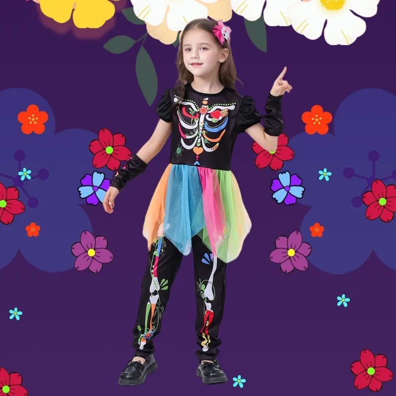 

Halloween Children's Costumes Girls Day of The Dead Colorful Skeleton Princess Dress Cosplay Role-playing Performance Costumes