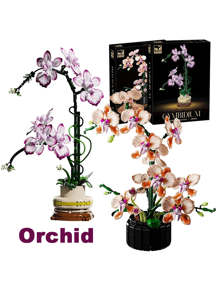 Blocs de construction en pot de Bouquet d'orchidées créatif, fleur immortelle, décoration de plante de bureau à domicile, briques à assembler, jouet cadeau pour enfants filles