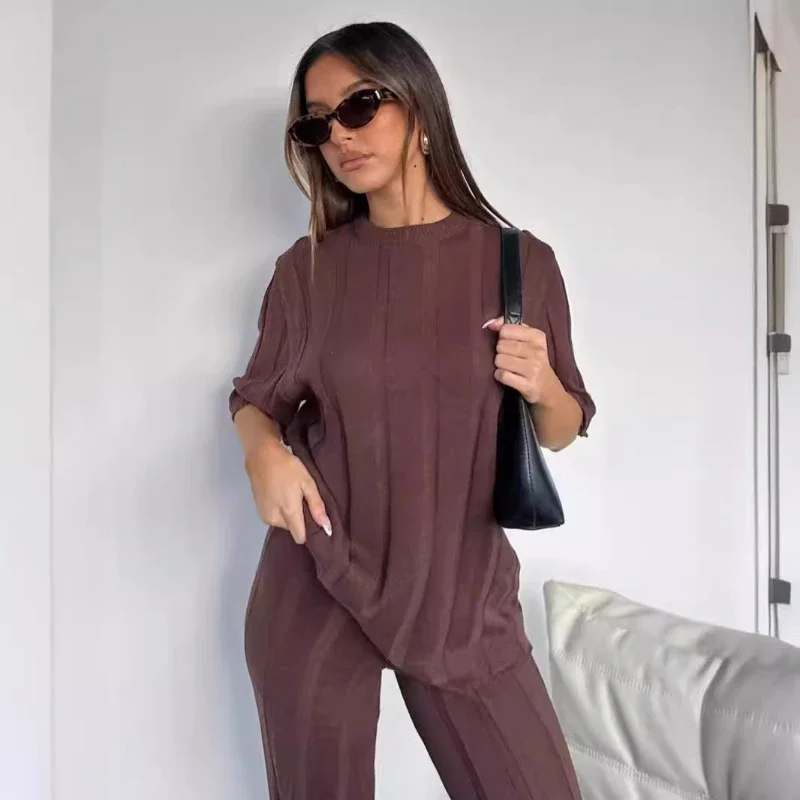 Fashion Casual Knitted Two Piece Suit Short Sleeved Round-neck Top With High Waisted Long Pants Trendy Stylish New Style