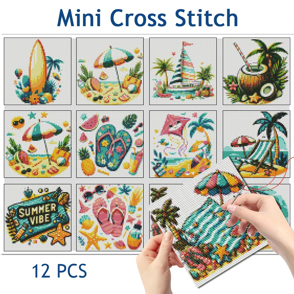 Evershine 12pcs Mini Embroidery Fabric Slippers Summer Vibe Landscape Needlework Mini Cross Stitch Kits Umbrella Holiday Gifts