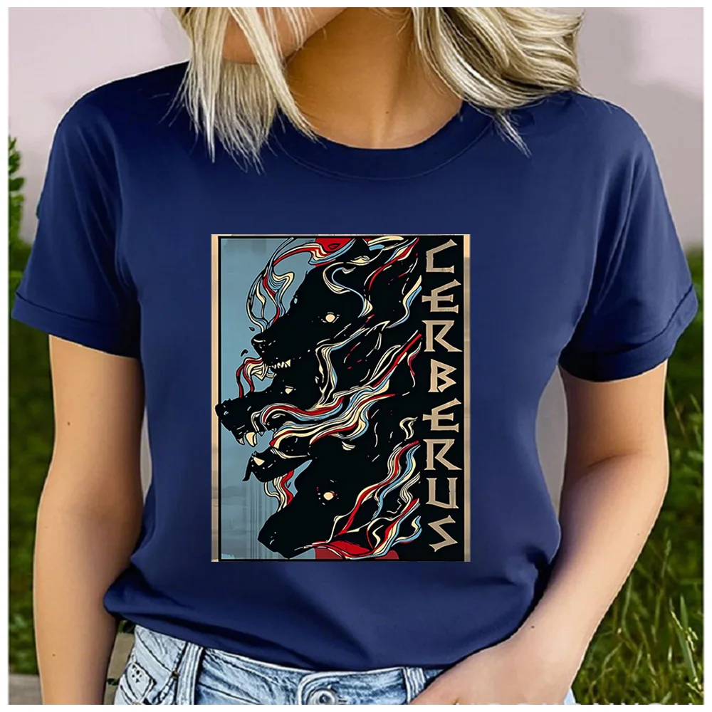 Cotton 100%  Vintage Cerberus Three Headed Hell Hound Graphic T-shirt Women Greek Mythology Retro Art Casual Short Sleeve Tee