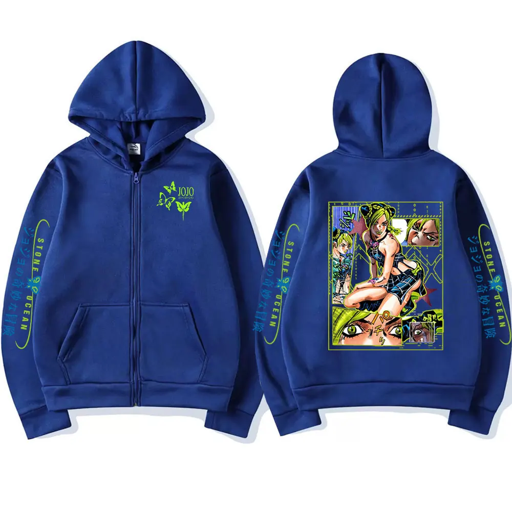 Anime Jojo bizarre Abenteuer Stein Ozean Reiß verschluss Hoodie Jolyne Cujoh Manga Reiß verschluss Sweatshirt Männer lässig übergroße Hoodies Jacken