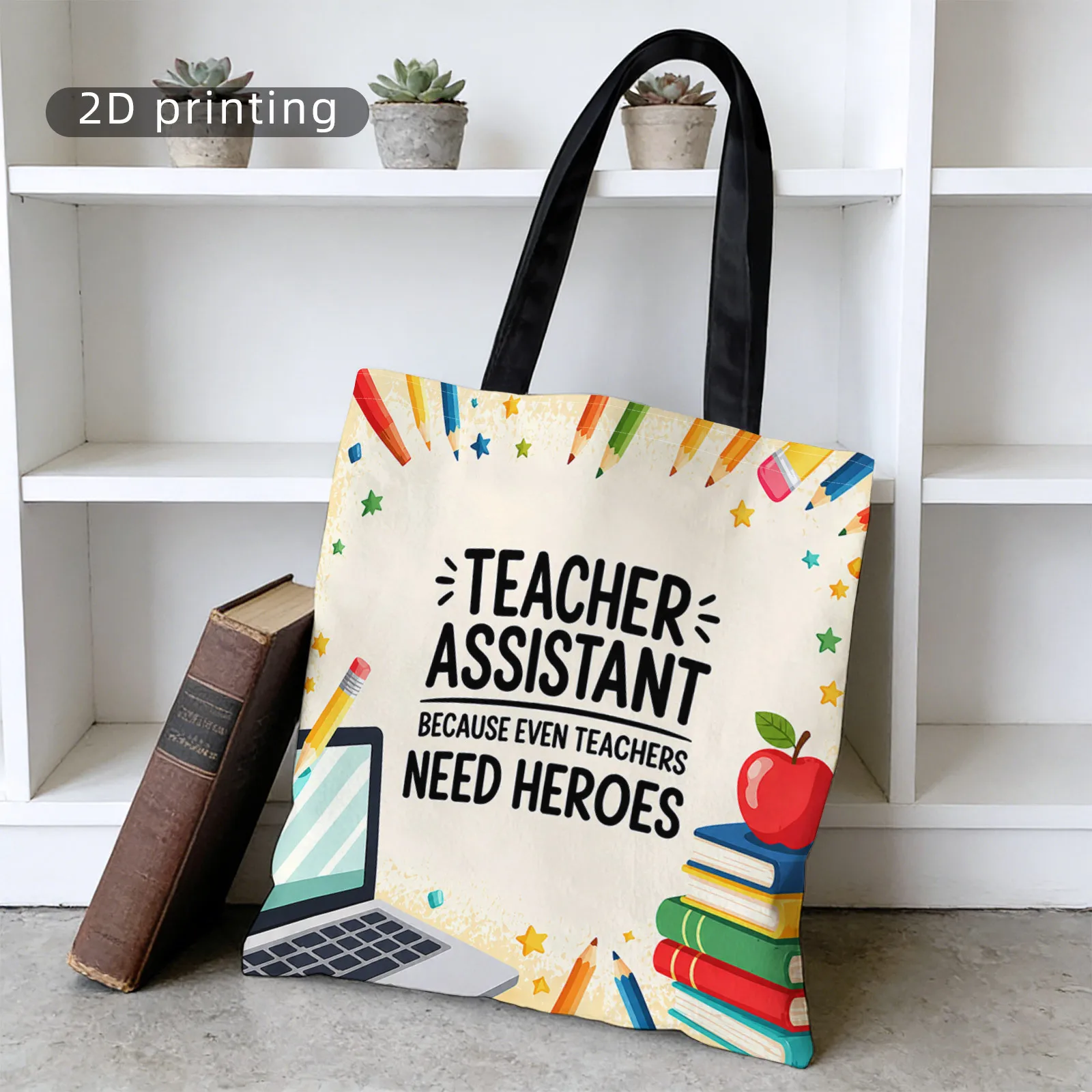 Large Capacity Shopping Bag Multi-Purpose Package Cartoon Pencil Book + \TEACHER ASSISTANT\ Slogan Women'S Shoulder Bag