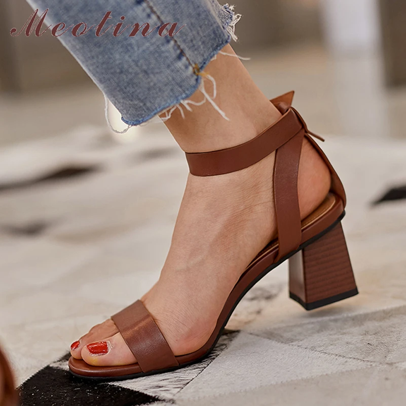 Meotina Shoes Women Genuine Leather Ankle Strap Sandals High Heel Sandals Thick Heels Buckle Ladies Footwear Summer Black Brown